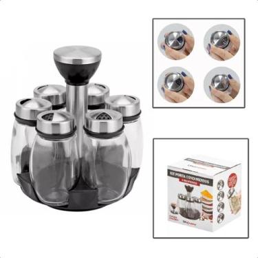 Imagem de Kit Porta Condimento Tempero 6pçs Vidro Inox Base Giratória - UnyHome
