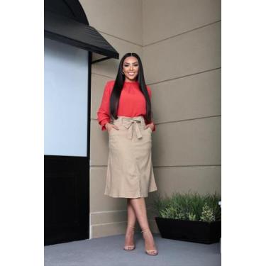 Imagem de Saia MIDI Evasê Com Fenda Frontal - Bege - Vilma Valentti, Bege, G