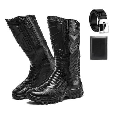 Imagem de Kit Bota Coturno Militar Cano Longo Couro Macia + Acessorios - Botina 