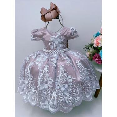Imagem de Vestido infantil nude renda branca realeza cinto pérolas - enjoy, 04