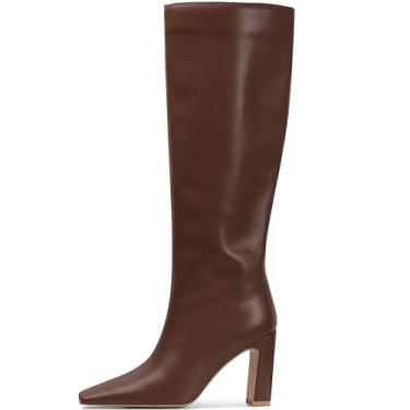 Imagem de Lovee Cosee Botas De Couro Marrom Para Mulheres, Botas Altas Até O Joelho Para Mulheres, Bico Quadrado, Salto Grosso, Botas Gogo, Salto Alto Largo, Botas De Outono, Vestido, Sexy, Moda, Tendência, Bot