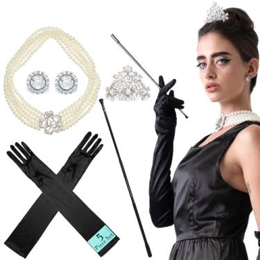 Imagem de Utopiat - Conjunto de 5 peças de joias e acessórios inspirados em Audrey Hepburn | Colar vintage Breakfast at Tiffany's, tiara, brincos, luvas de ópera pretas, suporte preto longo