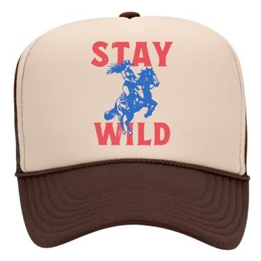 Imagem de Boné de caminhoneiro Stay Wild | Vintage Cowboy Cowgirl Western Funny | Boné snapback de espuma de malha premium para homens e mulheres, Marrom/bronze, Tamanho �nica
