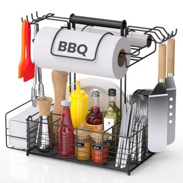 Imagem de Conjunto de ferramentas de churrasco organizador de armazenamento – suporte para churrasqueira ao ar livre com 2 suportes de toalha de papel, suporte de churrasco para churrasqueira ao ar livre com 9