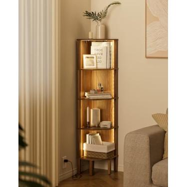 Imagem de Acodaiuy Prateleira de canto, estante de canto de 5 camadas com luz LED, suporte de canto para exibição de parede com rack de armazenamento para sala de estar, quarto, escritório, nogueira