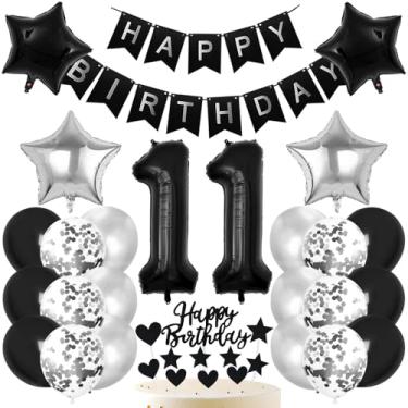 Imagem de Decorações de aniversário de 11 anos preto e prata faixa de feliz aniversário látex confete estrelas balões de alumínio número 11 conjunto de decoração de bolo preto topo de bolo meninos meninas