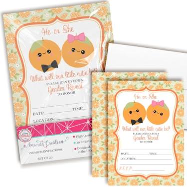 Imagem de Convites de revelação de gênero Little Cutie - 20 cartões de chá de bebê preenchidos com envelopes - Convites de festa de revelação de gênero com tema laranja por AmandaCreation