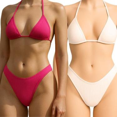 Imagem de Kit 2 Biquini Cortininha Asa Delta Sem Bojo De Amarrar Tecido Canelado