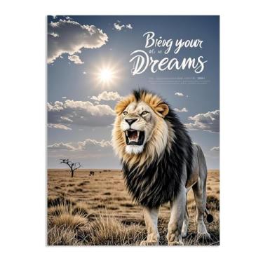 Imagem de Tela inspiradora arte de parede animal pôster motivacional leão feroz na savana africana ensolarada presentes de encorajamento inspirador para homens imagem de afirmações positivas 80 x 60 cm (32 x 24