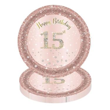 Imagem de YLOIJO Pratos de festa de feliz aniversário, confete, suprimentos para festa de aniversário, pratos de jantar de 18 cm (24 unidades) ouro rosa 15 anos