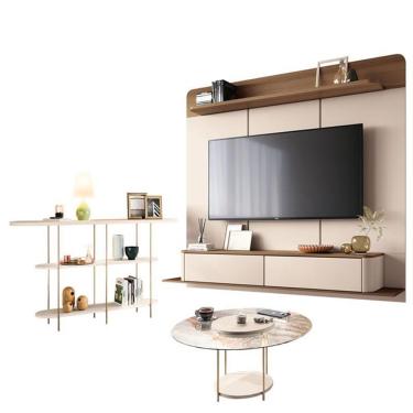 Imagem de Home Suspenso Galax Castanho Off White E Aparador Infinity E Mesa De Centro Sky Com Tampo De Vidro Off White- Hb Móveis