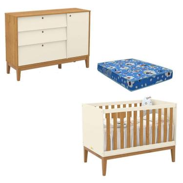 Imagem de Berço Americano E Cômoda Sapateira Unique Off White Freijó Eco Wood Com Colchão Ortobom - Matic