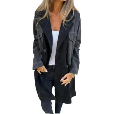 Imagem de Jaquetas Jeans Femininas Jaqueta Jeans Terno Colarinho Denim Patchwork Jaqueta Jeans De Comprimento Médio, Black, L