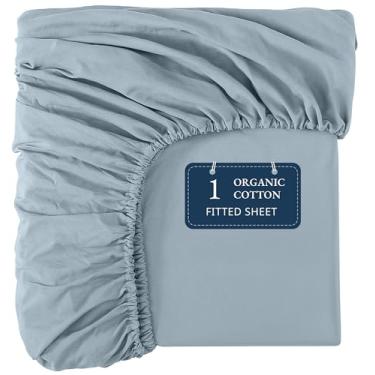 Imagem de Lane Linen Lençol solteiro 100% algodão orgânico (99 x 190 cm) - lençol com elástico 100% algodão super macio - lençol de cama de algodão leve e durável - azul francês