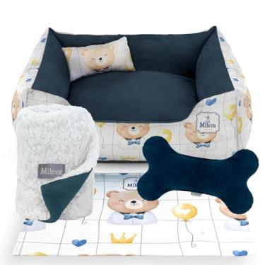 Imagem de Cama Pet Camurça + Coberdrom + Brinquedo Ossinho + Tapetinho Estampado 05 Peças - Ursos – Premium 2 (70x70 cm, Ursinho Soninho)