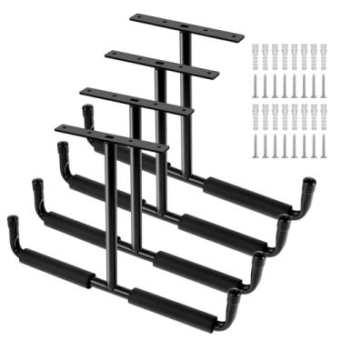 Imagem de 4 ganchos de armazenamento de garagem, suporte de escada de metal pesado montado no teto duplo em forma de T para escadas, ferramentas de madeira (4 peças, preto)