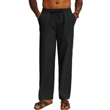 Imagem de Calças masculinas COOFANDY, de linho, ajuste regular, com cordão, pret