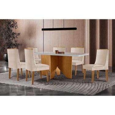 Imagem de Conjunto Sala de Jantar Nevada c/ Tampo Madeirado c/ Vidro Canto Curvo 180x90cm e 6 Cadeiras Dakota Madeira Maciça Naturale/Off White - Capuccino/Sued