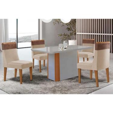 Imagem de Conjunto Sala de Jantar Pietá c/ Tampo Madeirado c/ Vidro Canto Curvo 120x80cm e 4 Cadeiras Jaspe Madeira Maciça Naturale/Off White - Capuccino/Suede 