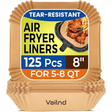 Imagem de vailnd Forros de papel Air Fryer, 125 peças de papel manteiga, antiaderentes para fritadeira quadrada sem alvejante (20 cm)