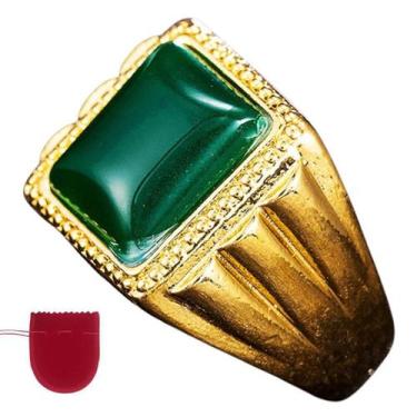 Imagem de Anel Masculino Dourado Pedra Verde Banhado Ajustável - Pjk store