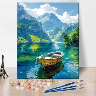 Imagem de Pintura de alta montanha por números para adultos iniciantes, pintura acrílica de barco pequeno no rio verde e azul por kits de cenário, kits de artesanato faça você mesmo, adequado para decoração de