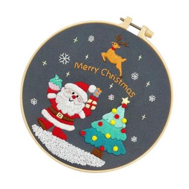 Imagem de Kit de Bordado de Natal,Kit de Bordado de Natal - Kits de bordado para iniciantes com padrões e instruções,Conjunto de bordado iniciante para padrão de alce de Papai Noel, conjunto de kit de bordado p
