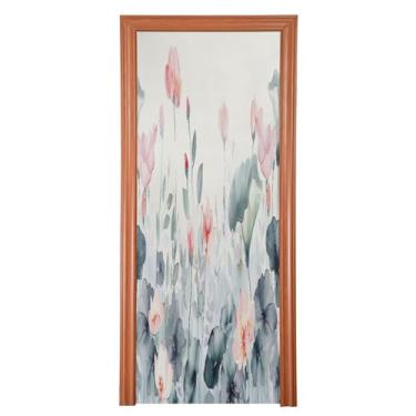 Imagem de Wassud Capa de porta grande decoração floral aquarela 96 x 98 polegadas, elástico, lavável, ao ar livre, porta interna para varanda e porta da frente