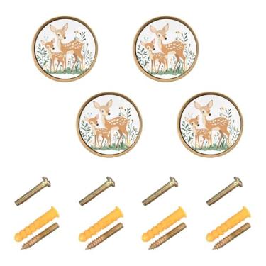 Imagem de Burbuja Puxadores de armário de cozinha fofos veados na floresta, pacote com 4, puxadores redondos de 3,5 cm, puxadores de cômoda com parafusos para armários de cozinha, quarto, armário