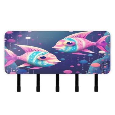 Imagem de Burbuja Dois porta-chaves de peixe coloridos com 5 ganchos, porta-chaves autoadesivos montados na parede, organizador de armazenamento de correio para entrada, decoração de casa