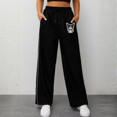 Imagem de Calça Feminina Reta Larga Preta Kuromi Kawaii Alternativa Cor:PretaTam