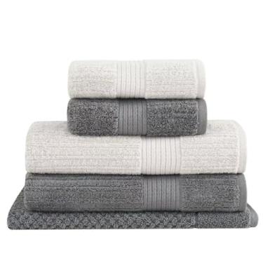Imagem de Jogo de Toalhas de Banho Fio Penteado Canelado 5 Peças 100% Algodão Alta Absorção Banho Rosto e Piso (Cinza Claro/Grafite)