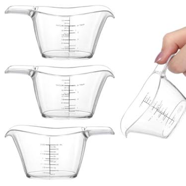 Imagem de Pacote com 4 copos medidores pequenos de 59 g/60 ml, mini copo medidor com colher de chá/colher de sopa/onça/ml, copos de medição transparentes de 56,7 g para cozinha, lavanderia, faça você mesmo