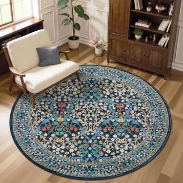 Imagem de GarveeHome Tapete redondo floral azul escuro de 1,8 m lavável, antiderrapante, macio, pequeno, círculo, tapetes vintage para cozinha, quarto, berçário, sala de jantar, sala de estar