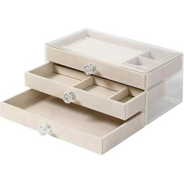 Imagem de CADWON Organizador de joias de veludo acrílico, anéis de brinco, colares, pulseiras, estojo de exibição de presente com 3 gavetas para mulheres (bege, 1 peça)