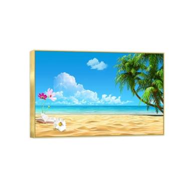 Imagem de Impressão em tela de paisagem de arte de parede com moldura dourada - flores de praia de palmeira - quadros de pintura de decoração para quarto 80 x 120 cm 31 x 47 pol