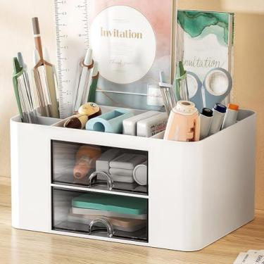 Imagem de Organizador de canetas com 2 gavetas, suporte multifuncional para mesa, organizadores de mesa e acessórios com 5 compartimentos + 2 gavetas para materiais de arte de escritório (branco)