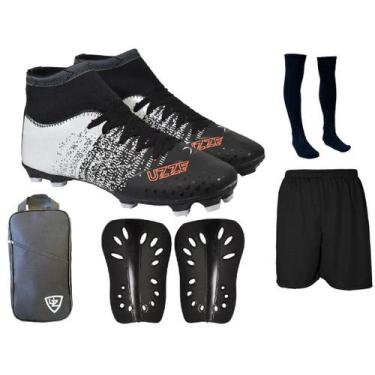 Imagem de Chuteira Campo Botinha UZ Cravo Adulto + Caneleira Meião Short Bolsa E