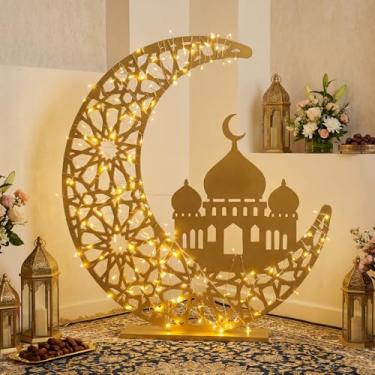 Imagem de Thyle Lâmpada de lua crescente Eid Mubarak decoração LED iluminada lua Ramadã decoração para casa quarto sala de estar lâmpada de cabeceira operado por bateria Celestial Eid decorações presentes (ouro