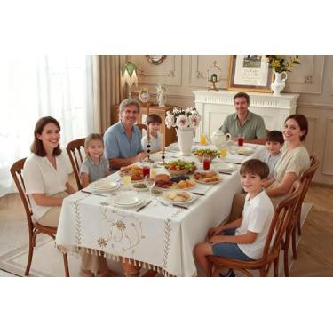 Imagem de Toalhas de mesa para mesas retangulares, toalha de mesa de linho de algodão à prova d'água, capa de mesa de jantar de fazenda, sem rugas, toalhas de mesa macias com borlas (café moinho de vento, 259