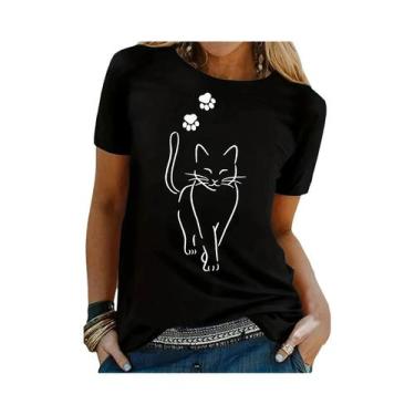 Imagem de Camiseta Feminina Com Estampa De Gato, Manga Curta, Gola Redonda, Top 