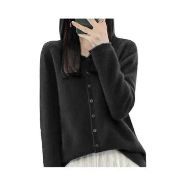 Imagem de Cardigã Feminino De Lã Merino 100% Tricotado, Moletom Com Capuz Para O