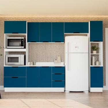 Imagem de Cozinha Modulada 5 Peças com Tampo e Rodapé Maeena Politorno - Branco com Azul
