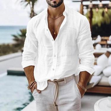 Imagem de Camisa Masculina De Verão Leve E Respirável Em Algodão E Linho, Cor Só
