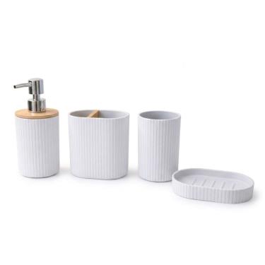 Imagem de Kit Banheiro Plástico com Tampa Bambu 4 Peças Grafite 7,5 cm Diâmetro