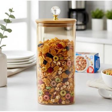 Imagem de Pote Hermético de Vidro 1,5L Âmbar com Tampa de Bambu Porta Mantimento