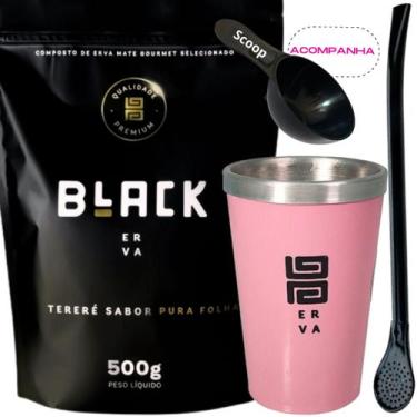 Imagem de Kit Tereré Black Erva Mate 500g + Copo Alumínio Térmico ROSA + Bomba C