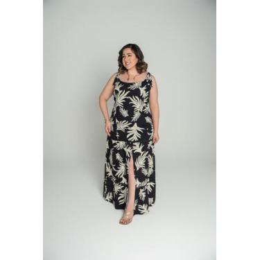 Imagem de Vestido Longo Estampado Preto Com Bege Alças de Amarrar  - Maria do In