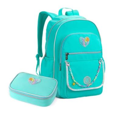 Imagem de Kit Mochila Escolar com Estojo Box Azul Bolso Lateral Aula Colorido Lá