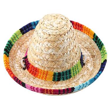 Imagem de Chapéu de palha para animais de estimação, mini chapéu de palha mexicano sombrero palha com ajuste de corda de algodão para cães, filhotes e gatos, gatinhos
